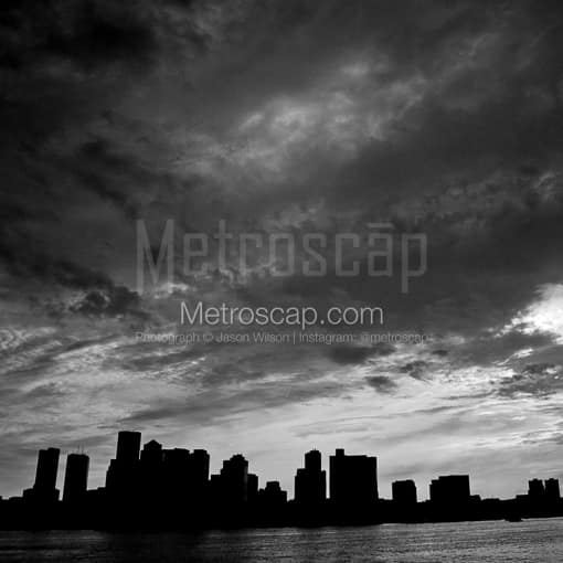 Matte Black MDF Framed Black and White Boston Photograph: The Boston Skyline from East Boston Piers Park in a Square Matte Black MDF Frame