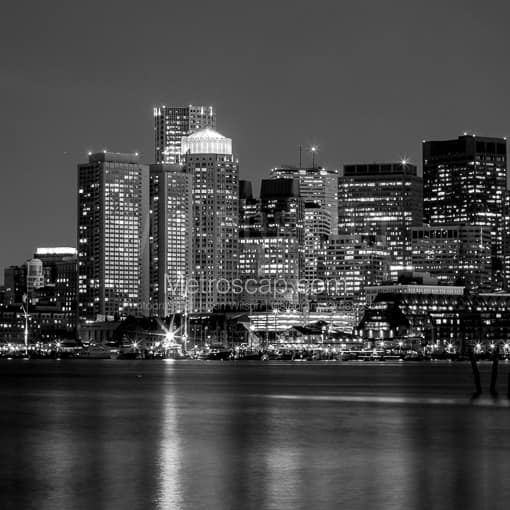 Matte Black MDF Framed Black and White Boston Photograph: A Sweeping Boston Skyline View from LoPresti Park in a Square Matte Black MDF Frame