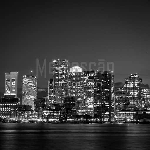 Matte Black MDF Framed Black and White Boston Photograph: The Boston Skyline at Night in a Square Matte Black MDF Frame