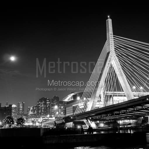 Matte Black MDF Framed Black and White Boston Photograph: The Bunker Hill Bridge Under a Full Moon in a Square Matte Black MDF Frame