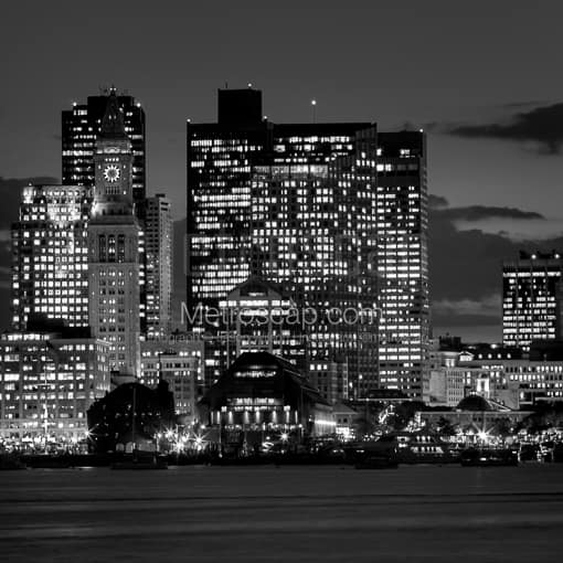 Matte Black MDF Framed Black and White Boston Photograph: Long Wharf at night from East Boston Piers Park in a Square Matte Black MDF Frame