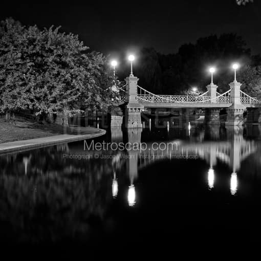 Matte Black MDF Framed Black and White Boston Photograph: Public Garden Suspension Bridge in a Square Matte Black MDF Frame