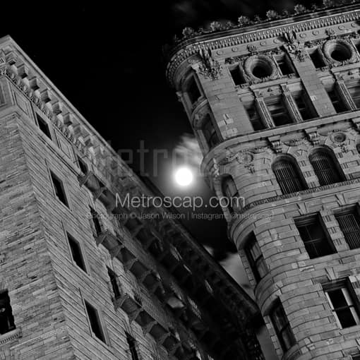 Matte Black MDF Framed Black and White Boston Photograph: Moon Shines on Quaker Lane in a Square Matte Black MDF Frame