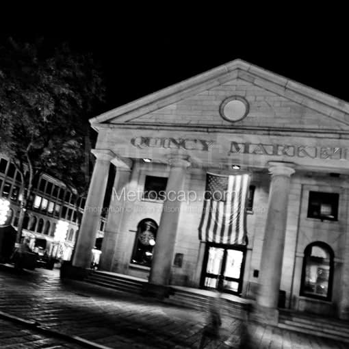 Matte Black MDF Framed Black and White Boston Photograph: A Blurry Look at Quincy Market along the Freedom Trail in a Square Matte Black MDF Frame