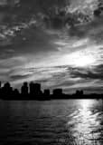 Sunset Behind Boston Skyline Black and White Vertical Sunset Behind Boston Skyline black and white