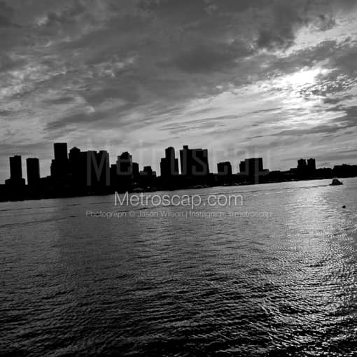 Matte Black MDF Framed Black and White Boston Photograph: Tug Boat Alone in the Boston Harbor in a Square Matte Black MDF Frame