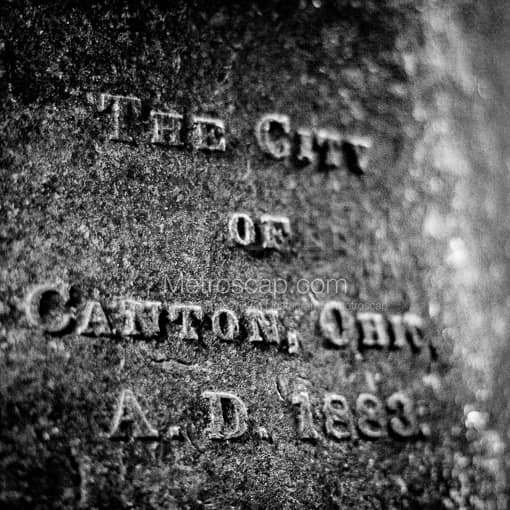 Matte Black MDF Framed Black and White Canton Photograph: Canton Ohio Bell Inscription in a Square Matte Black MDF Frame