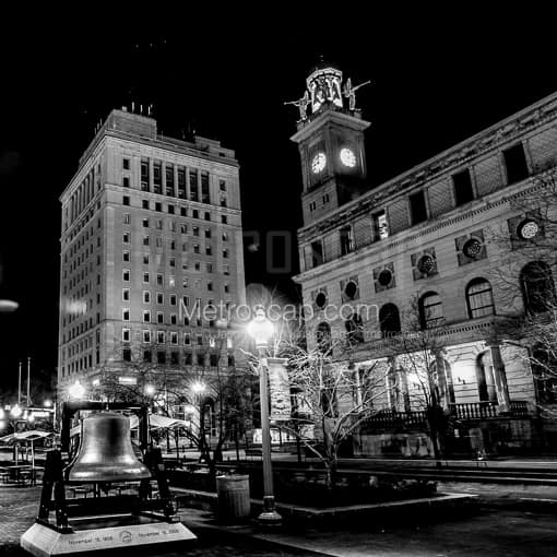Matte Black MDF Framed Black and White Canton Photograph: Downtown Canton Ohio in a Square Matte Black MDF Frame