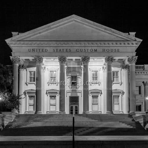 Matte Black MDF Framed Black and White Charleston Photograph: The United States Custom House in Charleston in a Square Matte Black MDF Frame