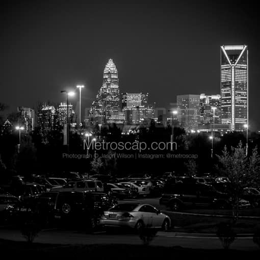 Matte Black MDF Framed Black and White Charlotte Photograph: The Charlotte Skyline from the Charlotte School of Law in a Square Matte Black MDF Frame