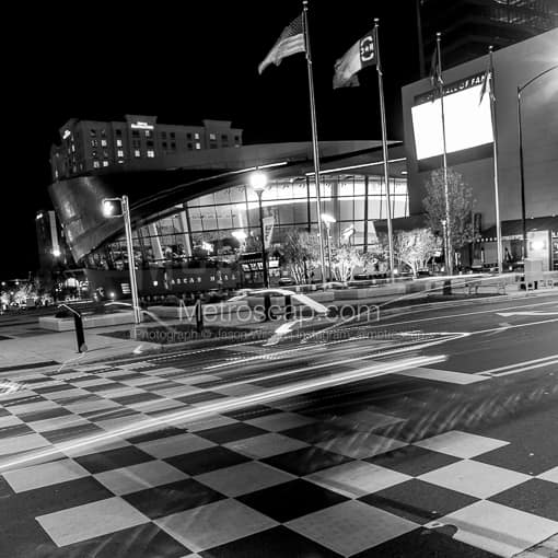 Matte Black MDF Framed Black and White Charlotte Photograph: The Checkered Crosswalk at the NASCAR Hall of Fame in a Square Matte Black MDF Frame