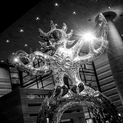 Matte Black MDF Framed Black and White Charlotte Photograph: The Firebird Sculpture Outside of the Bechtler Center in a Square Matte Black MDF Frame
