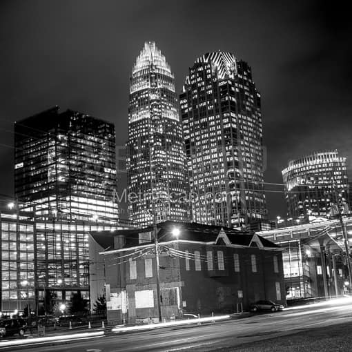 Matte Black MDF Framed Black and White Charlotte Photograph: The Hearst Building and Bank of America Building in a Square Matte Black MDF Frame