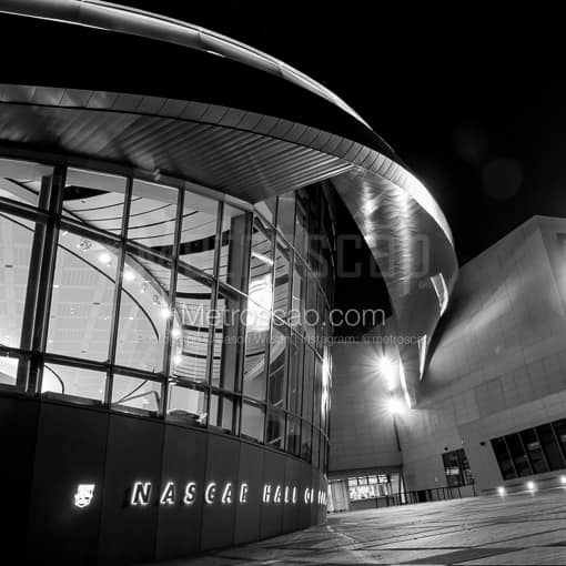 Matte Black MDF Framed Black and White Charlotte Photograph: The NASCAR Hall of Fame in a Square Matte Black MDF Frame