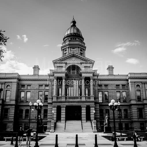Matte Black MDF Framed Black and White Cheyenne Photograph: The Wyoming State Capitol Building in a Square Matte Black MDF Frame