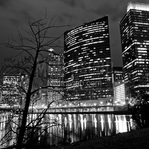 Matte Black MDF Framed Black and White Chicago Photograph: 333 West Wacker Building Reflects into the Chicago River in a Square Matte Black MDF Frame