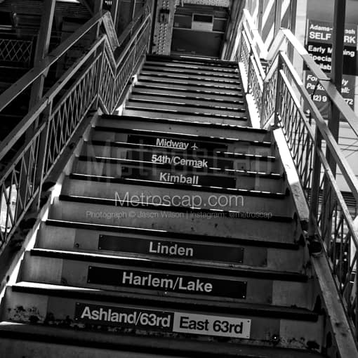 Matte Black MDF Framed Black and White Chicago Photograph: Chicago 'El' Train Stairs in a Square Matte Black MDF Frame