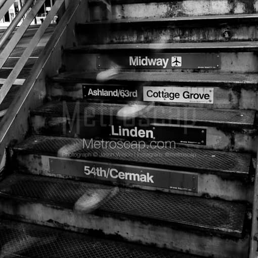 Matte Black MDF Framed Black and White Chicago Photograph: El Train Steps in a Square Matte Black MDF Frame