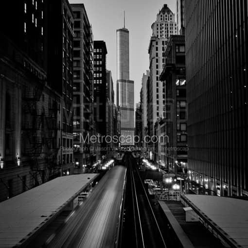 Matte Black MDF Framed Black and White Chicago Photograph: A Chicago El Train and Trump Tower in a Square Matte Black MDF Frame