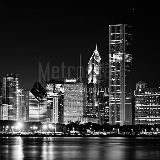 Matte Black MDF Framed Black and White Chicago Photograph: The Chicago Skyline featuring the AON Center, Prudential Buildings and the Smurfit-Stone Building in a Square Matte Black MDF Frame