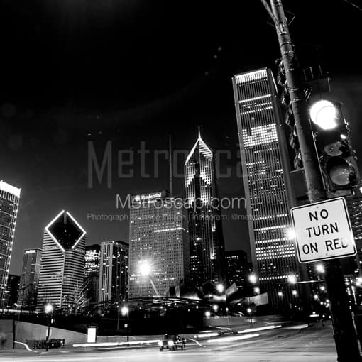 Matte Black MDF Framed Black and White Chicago Photograph: No Turn on Red at Columbus Drive and Monroe Street in a Square Matte Black MDF Frame