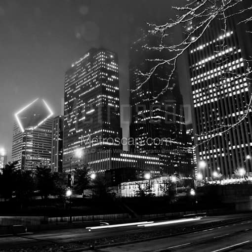 Matte Black MDF Framed Black and White Chicago Photograph: The Chicago Skyline from Columbus Drive and Randolph St. in a Square Matte Black MDF Frame