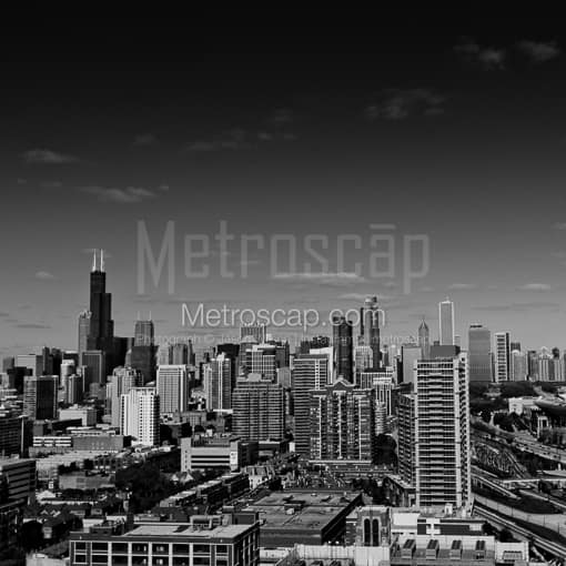 Matte Black MDF Framed Black and White Chicago Photograph: The Chicago Skyline from McCormick Place in a Square Matte Black MDF Frame