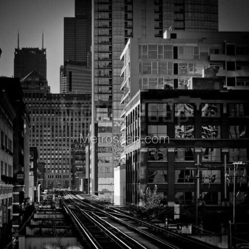 Matte Black MDF Framed Black and White Chicago Photograph: Chicago Street Station on the Brown Line in a Square Matte Black MDF Frame