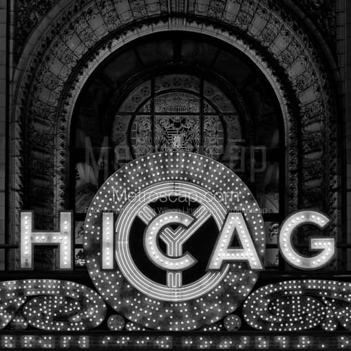 Matte Black MDF Framed Black and White Chicago Photograph: The Chicago Theater Sign in a Square Matte Black MDF Frame