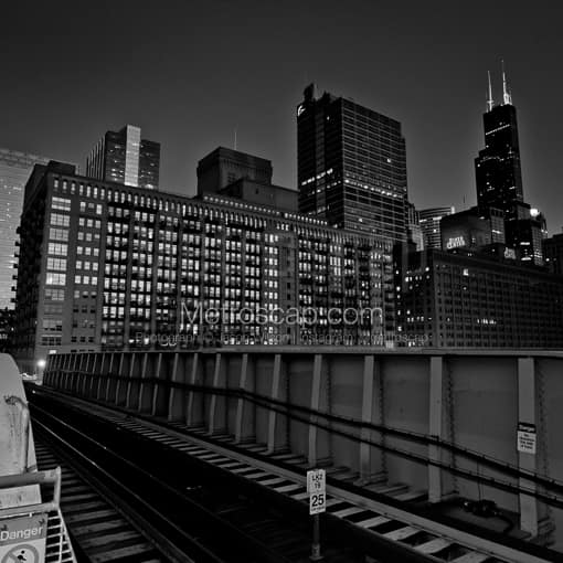 Matte Black MDF Framed Black and White Chicago Photograph: Clinton Street El Station in a Square Matte Black MDF Frame