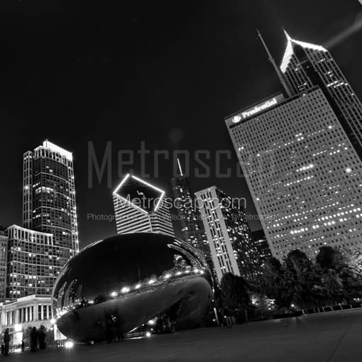 Matte Black MDF Framed Black and White Chicago Photograph: The Cloud Gate Bean at Night in a Square Matte Black MDF Frame