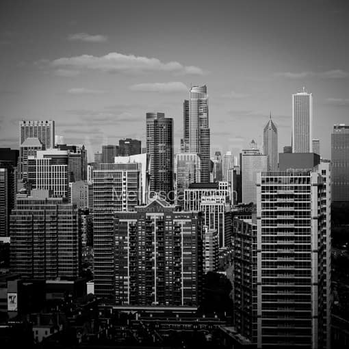 Matte Black MDF Framed Black and White Chicago Photograph: Downtown Chicago from McCormick Place in a Square Matte Black MDF Frame
