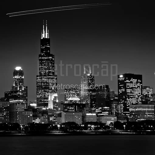 Matte Black MDF Framed Black and White Chicago Photograph: The Downtown Chicago Skyline from Adler Planetarium in a Square Matte Black MDF Frame