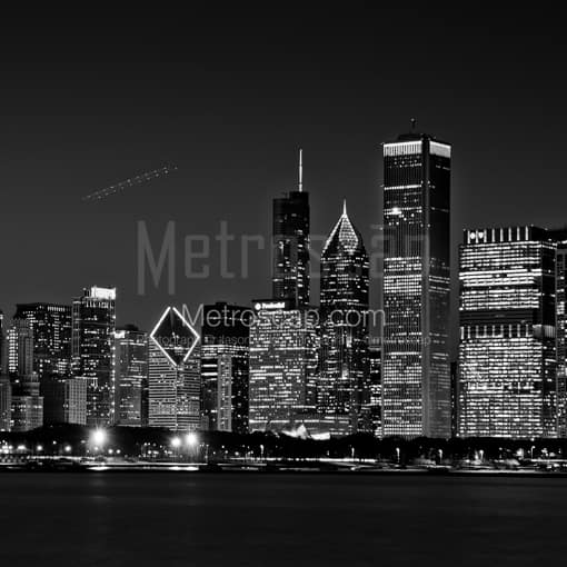 Matte Black WOOD Framed Black and White Chicago Photograph: The Chicago Skyline from Adler Planetarium in a Square Matte Black Wood Frame