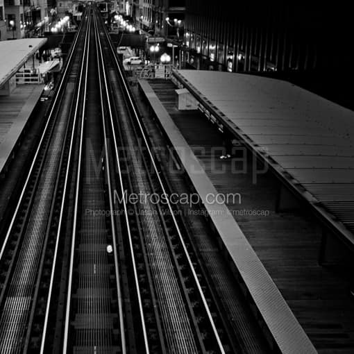 Matte Black MDF Framed Black and White Chicago Photograph: Empty L Tracks in a Square Matte Black MDF Frame