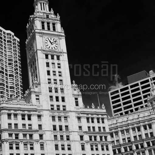 Matte Black MDF Framed Black and White Chicago Photograph: The Facade of the Wrigley Building in a Square Matte Black MDF Frame