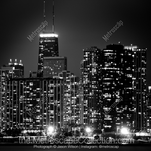 Matte Black MDF Framed Black and White Chicago Photograph: The John Hancock Building from the Planetarium in a Square Matte Black MDF Frame