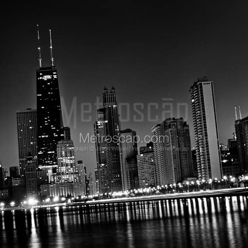 Matte Black MDF Framed Black and White Chicago Photograph: The John Hancock Building from North Avenue Beach. in a Square Matte Black MDF Frame