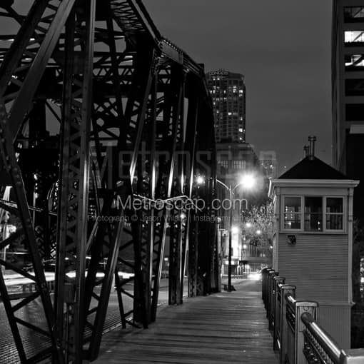 Matte Black MDF Framed Black and White Chicago Photograph: The Kinzie Street Bridge in a Square Matte Black MDF Frame