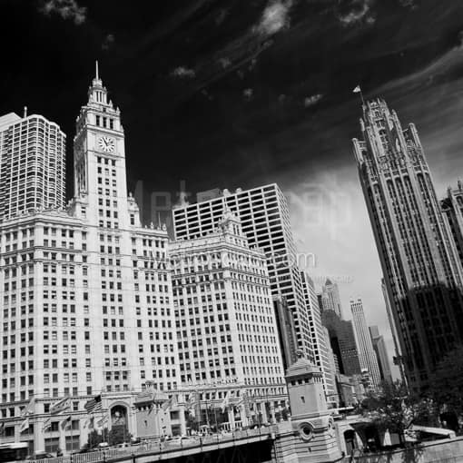 Matte Black MDF Framed Black and White Chicago Photograph: Magnificent Michigan Avenue and the Tribune and Wrigley Buildings in a Square Matte Black MDF Frame