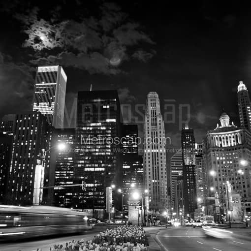 Matte Black MDF Framed Black and White Chicago Photograph: A Full Moon Rises Behind the Clouds over the Magnificent Mile in a Square Matte Black MDF Frame