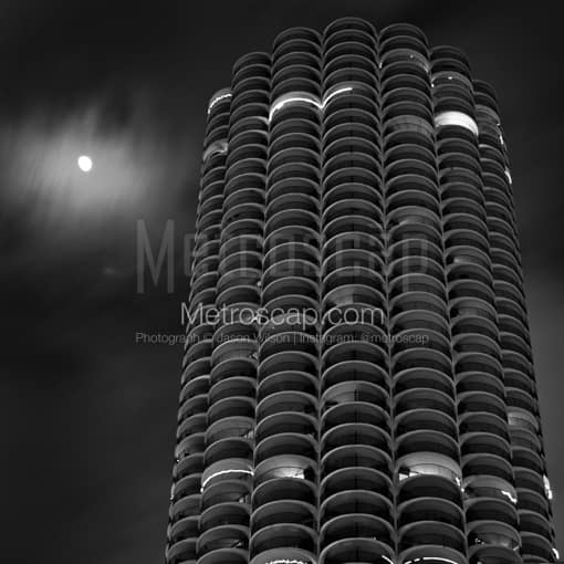 Matte Black MDF Framed Black and White Chicago Photograph: A Cloudy Waxing Gibbous Moon Behind the Marina City Towers in a Square Matte Black MDF Frame