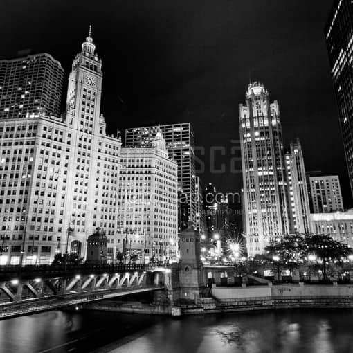 Matte Black MDF Framed Black and White Chicago Photograph: Michigan Avenue at Night in a Square Matte Black MDF Frame