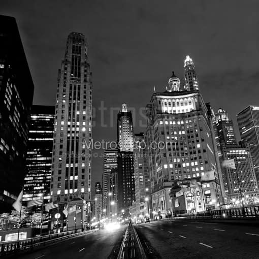 Matte Black MDF Framed Black and White Chicago Photograph: Michigan Avenue at the Chicago River in a Square Matte Black MDF Frame