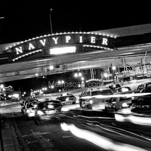 Matte Black MDF Framed Black and White Chicago Photograph: The Illinois Street Sign for Navy Pier at Lake Shore Drive in a Square Matte Black MDF Frame