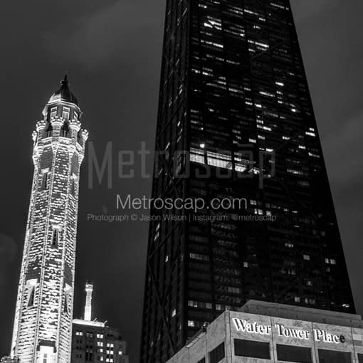 Matte Black MDF Framed Black and White Chicago Photograph: The Old Chicago Water Tower is Dwarfed by the Hancock Tower in a Square Matte Black MDF Frame