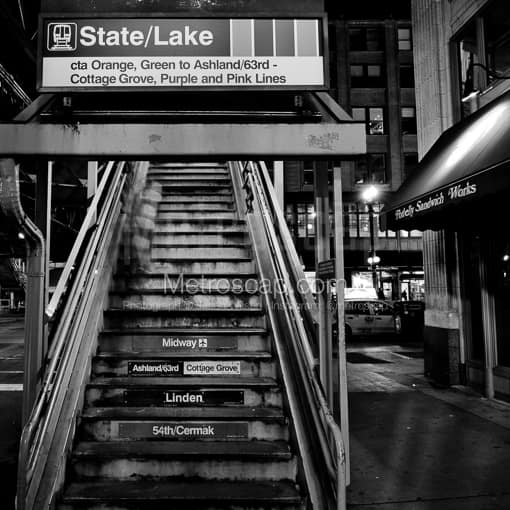 Matte Black MDF Framed Black and White Chicago Photograph: Steps of the State and Lake L Staton in a Square Matte Black MDF Frame