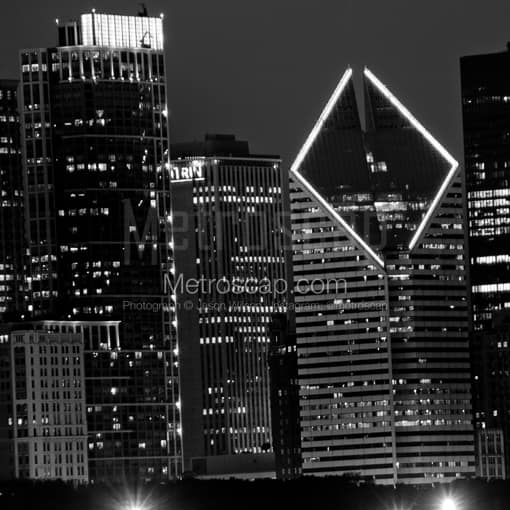Matte Black MDF Framed Black and White Chicago Photograph: The Top of the Smurfit Stone Building in a Square Matte Black MDF Frame