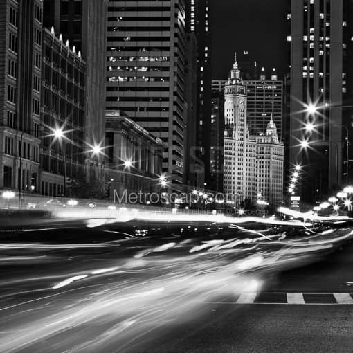 Matte Black MDF Framed Black and White Chicago Photograph: Traffic on Michigan Avenue at Monroe in a Square Matte Black MDF Frame