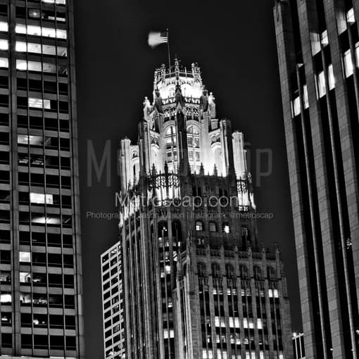 Matte Black MDF Framed Black and White Chicago Photograph: Tribune Tower from Columbus Drive in a Square Matte Black MDF Frame